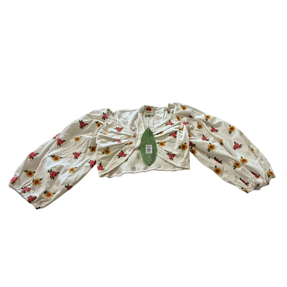 NEW Farm Rio Embroidered Cross Stitch Crop Top Off White Puff Sleeve Size Small - Picture 8 of 14